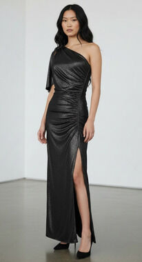 Halston One-Shoulder Metallic Gown Size Small Cape Sleeve Ruched Maxi Dress